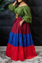Women's Multi-Color Tiered Maxi Dress with Off Shoulder Puff Sleeves and Waist Belt