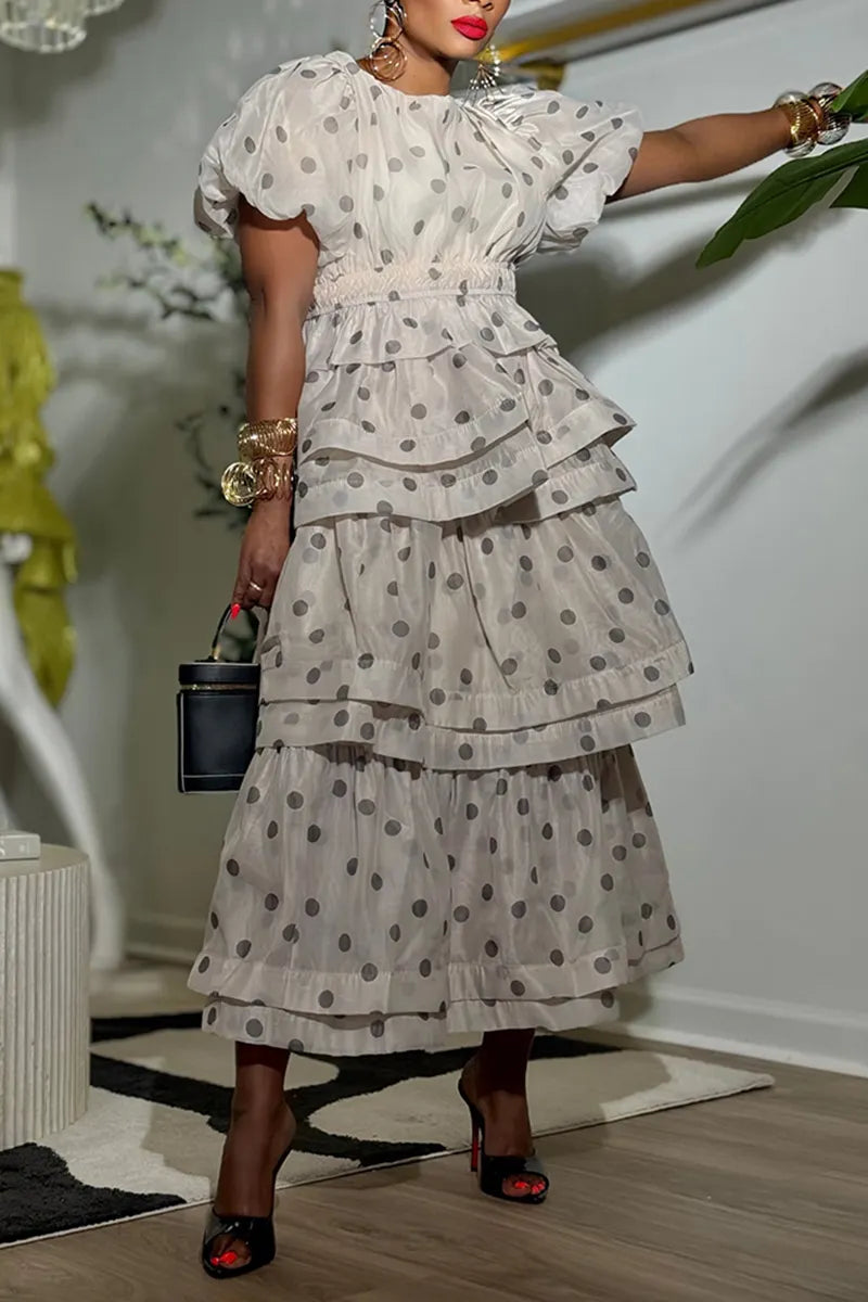 Women's Elegant Puff Sleeve Tiered Flounce-Hem Polka Dot Dress