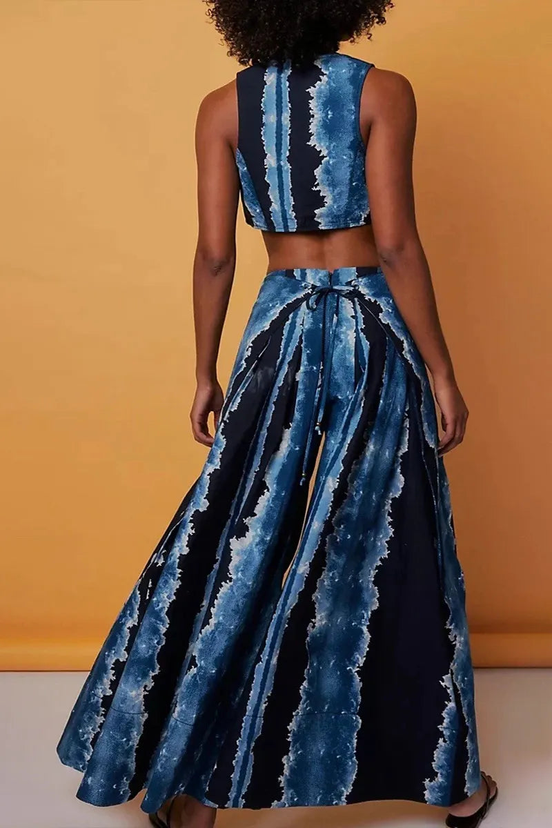 Women's Tie Dye Striped Sleeveless V Neck Knot Front Crop Bra Top Or High Waist Wide Leg Palazzo Pants