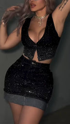 Womens Hot Rhinestone Sexy Casual Denim Suit