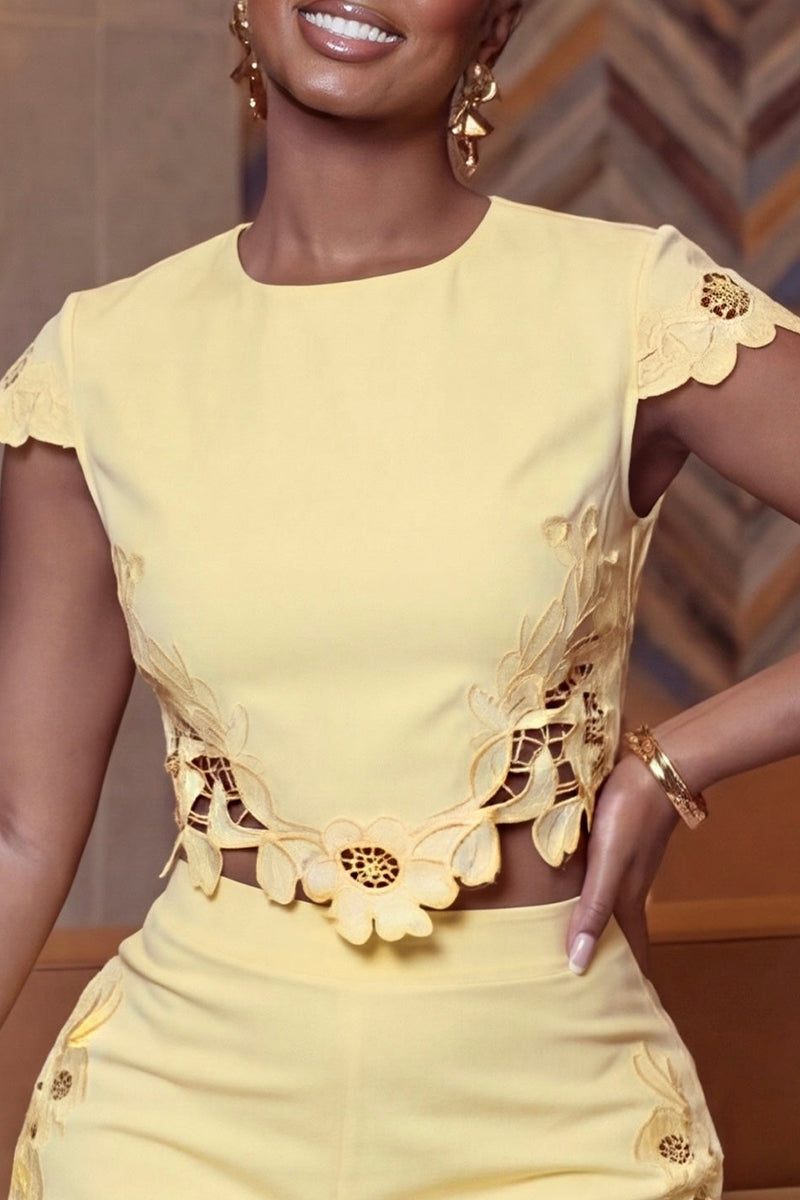 Women's  Chic Summer Yellow Floral Lace Trim Co-Ord Set with Crop Top or Shorts