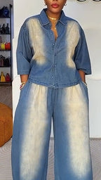 Womens Collar Wash Jacket+ Pants Casual Denim Suit
