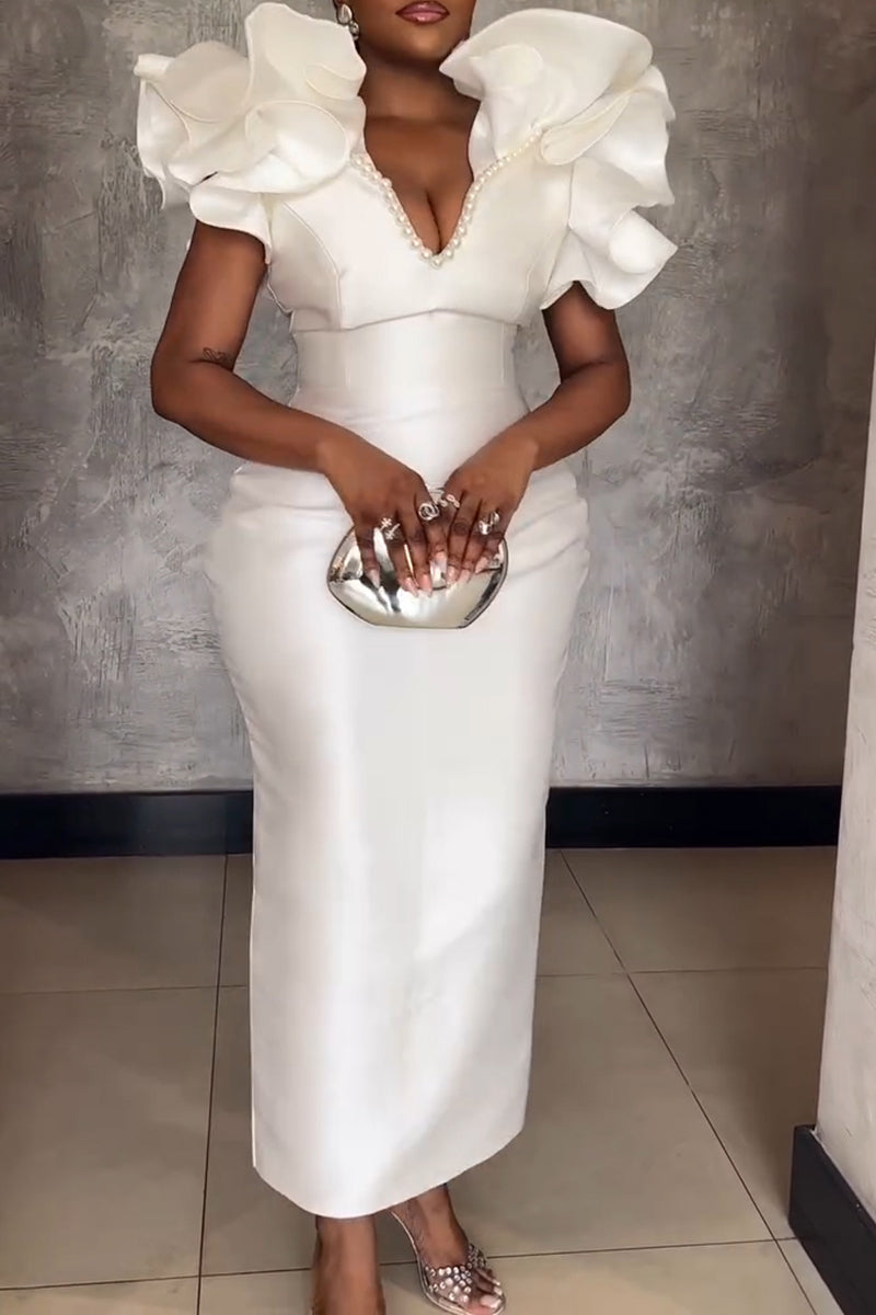 Women's Elegant Flounce-Sleeve Beaded Maxi Dress