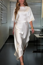 Satin Wrap Asymmetric Maxi Dress | Half-Sleeve Draped Silhouette