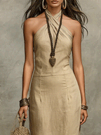 Relaxed Soft Drape Halter Column Linen Halter Maxi Dress