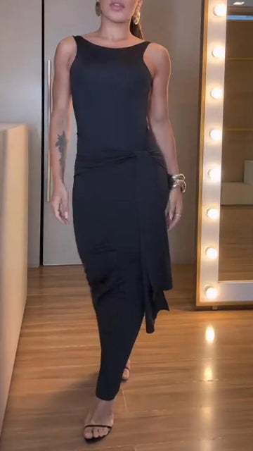 Women Solid Color Back Hollow Casual Dress