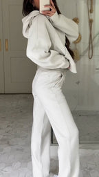 Womens Round Neck Hooded Half Zipper Top + Pants Casual Suit