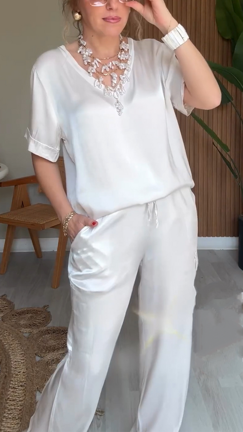 Ladies V-neck Solid Color Casual Suit