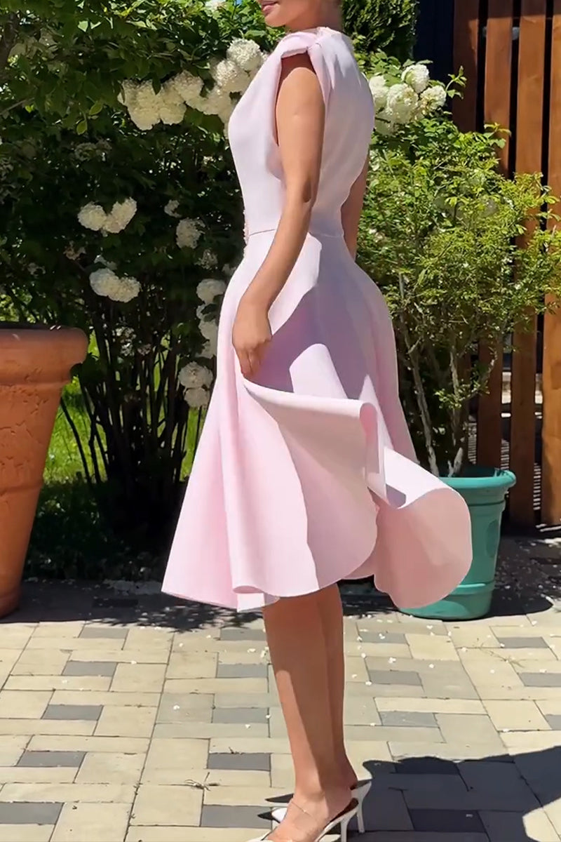 Women's Elegant Wide Shoulder Beaded A Line Midi Dress