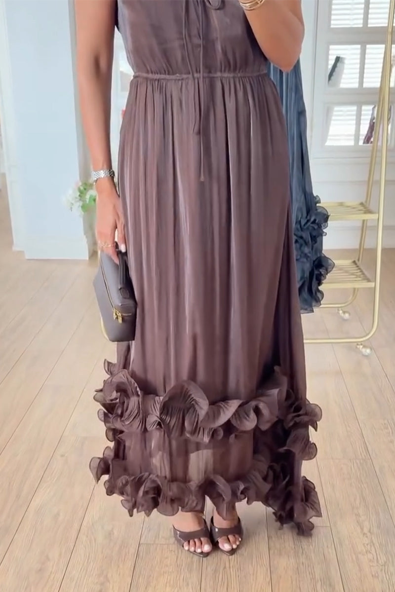 Women V-neck Sleeveless Patchwork Waist Cinching Elegant Temperament Dress