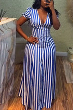Women's Blue And White Striped Deep V Neck Puff Sleeve Maxi Dress