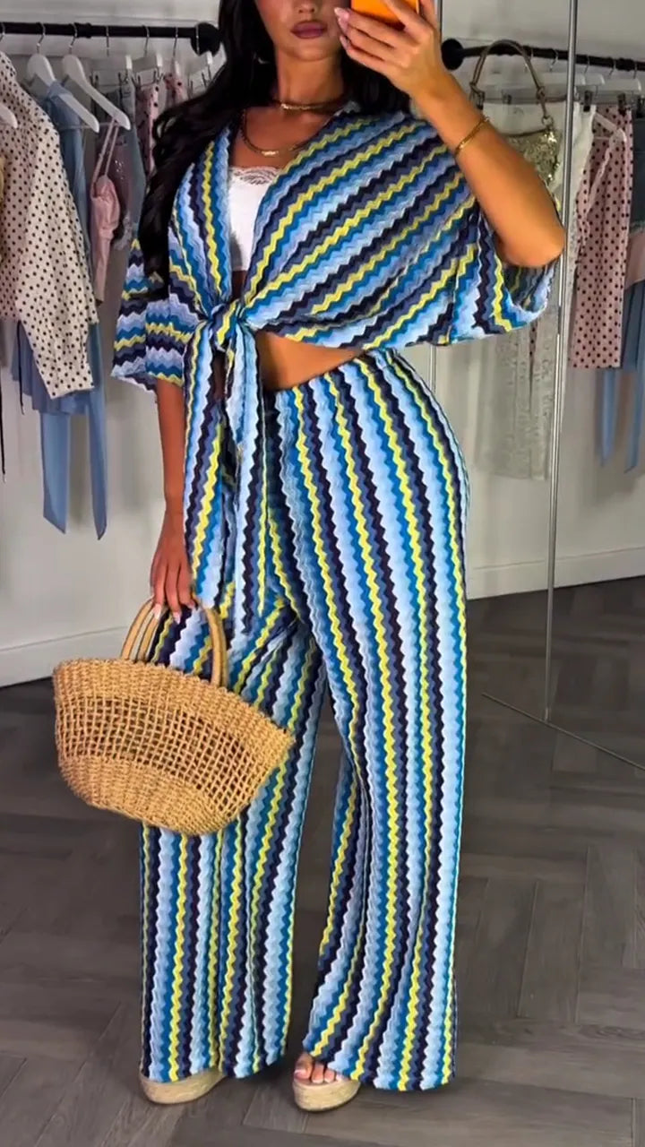 Women Colorful Wavy Cardigan + Pants Casual Set
