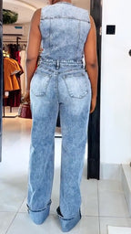 Women's Round Neck Washed Button Denim Jumpsuit