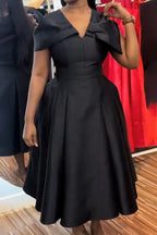 Women V-neck Waist Cinched Solid Color Elegant Temperament Maxi Dresses