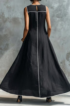 Women's Casual Contrast White Stitch Sleeveless Round Neck Linen Maxi Dress With Pockets
