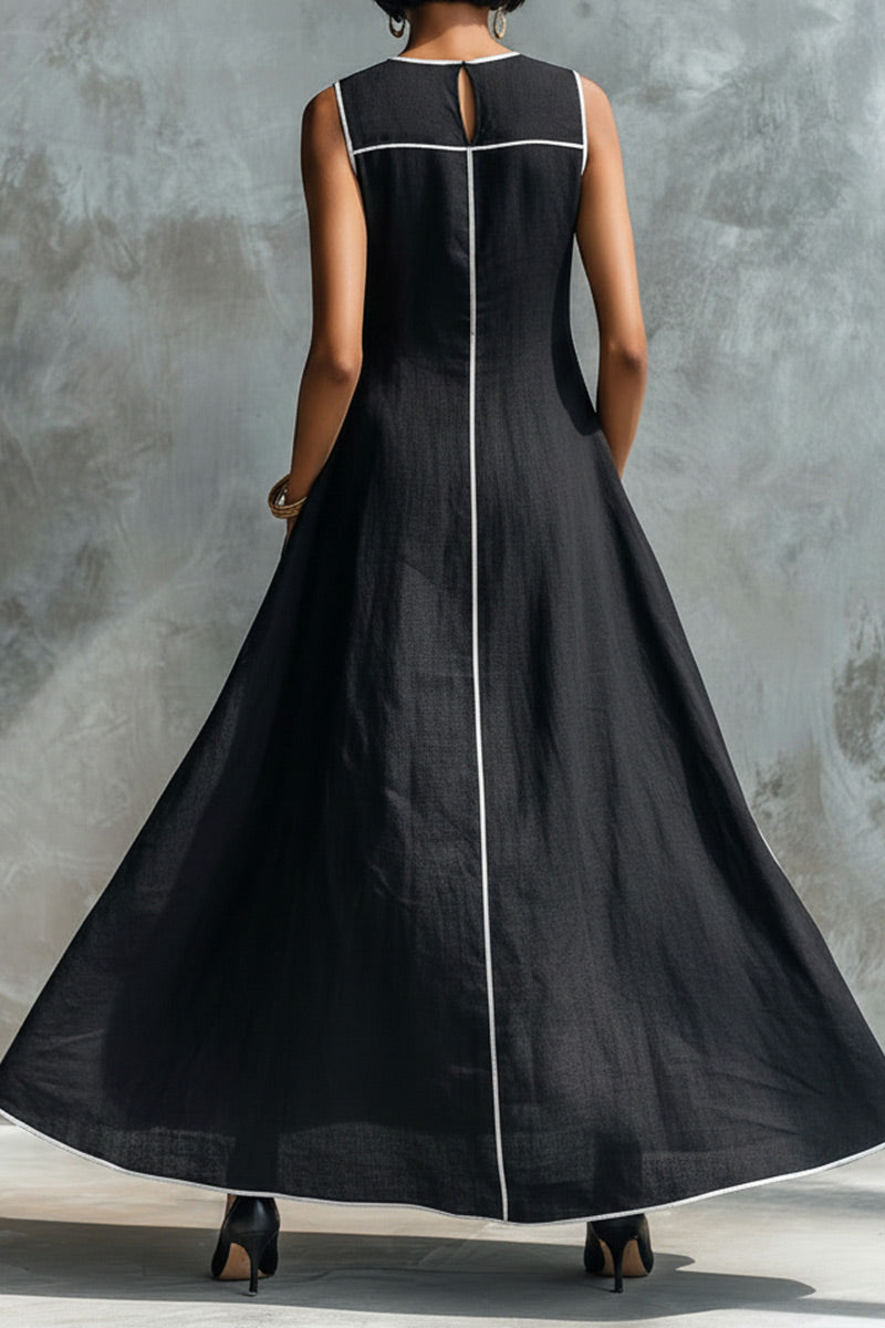 Women's Casual Contrast White Stitch Sleeveless Round Neck Linen Maxi Dress With Pockets