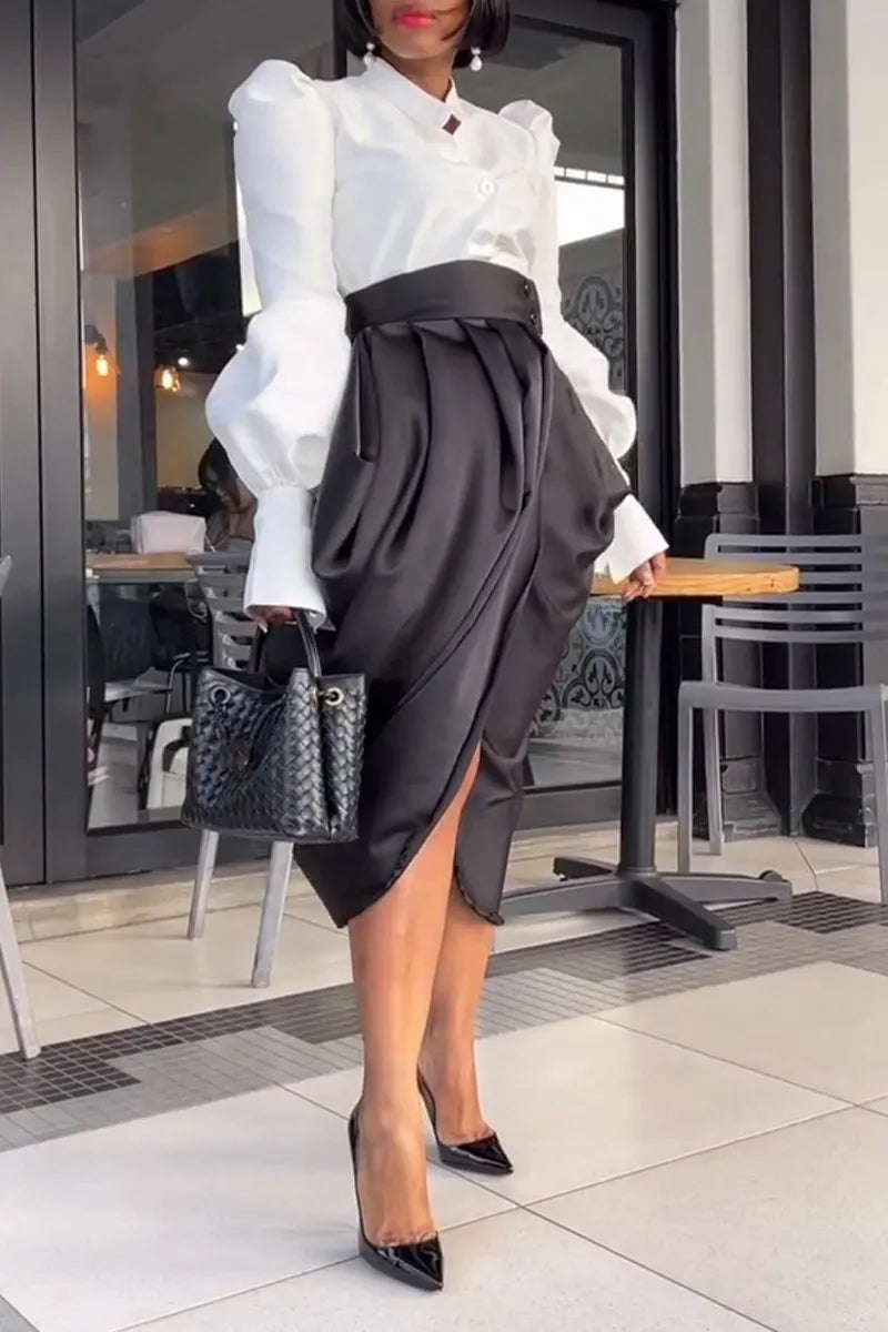 Women's Elegant Lantern Sleeve Shirts & High Waist Pleated Skirt