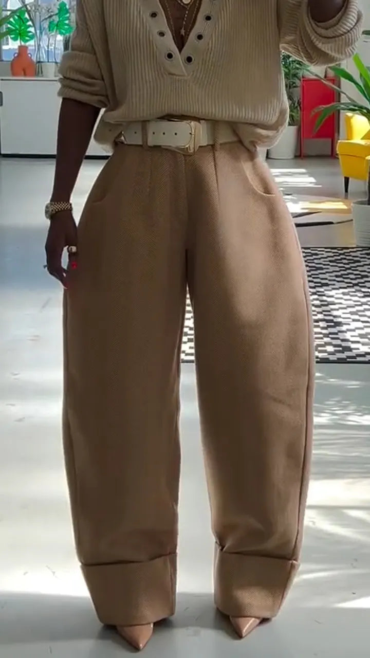 Womens Deep V-neck Knitted Top and Pants Casual Suit