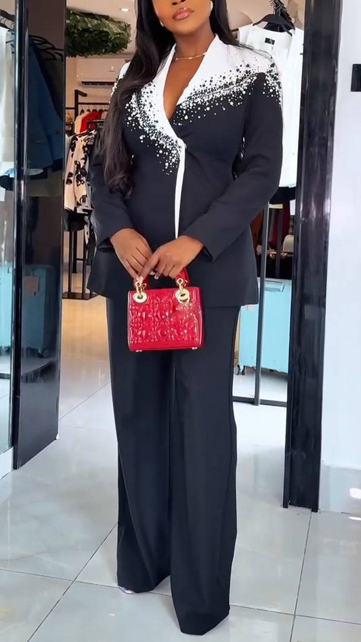 Women V-neck Sticker Diamond Contrasting Color Blazer + Pants Temperament Commuting Suit