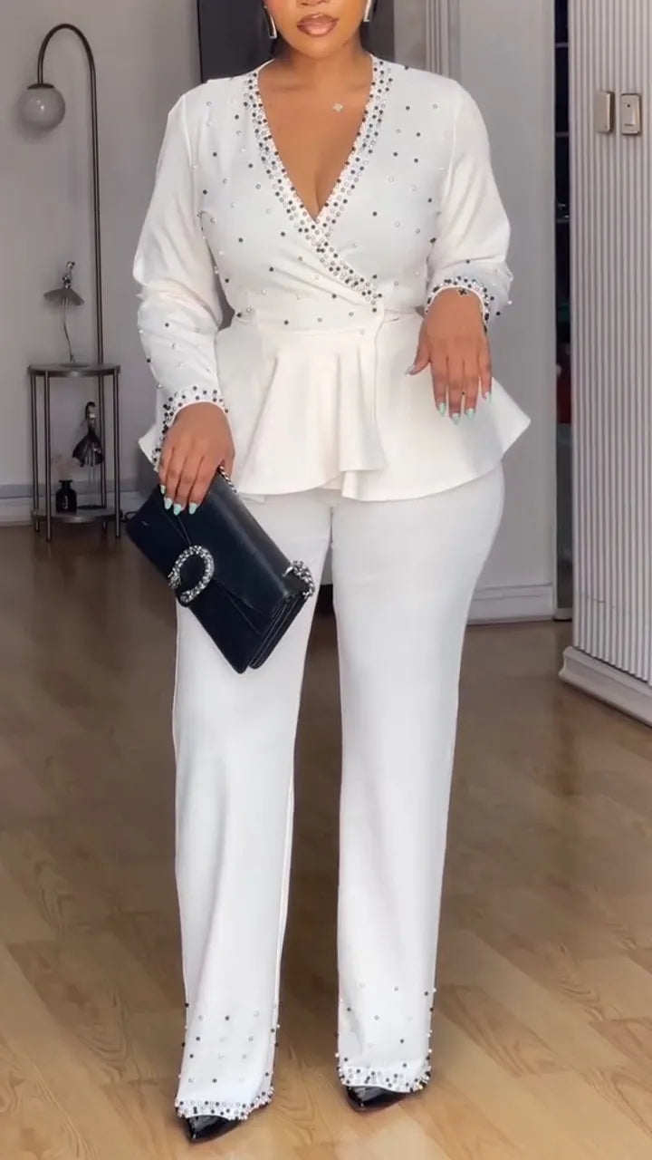Women V-neck Nail Bead Top + Pants Temperament Commuting Suit
