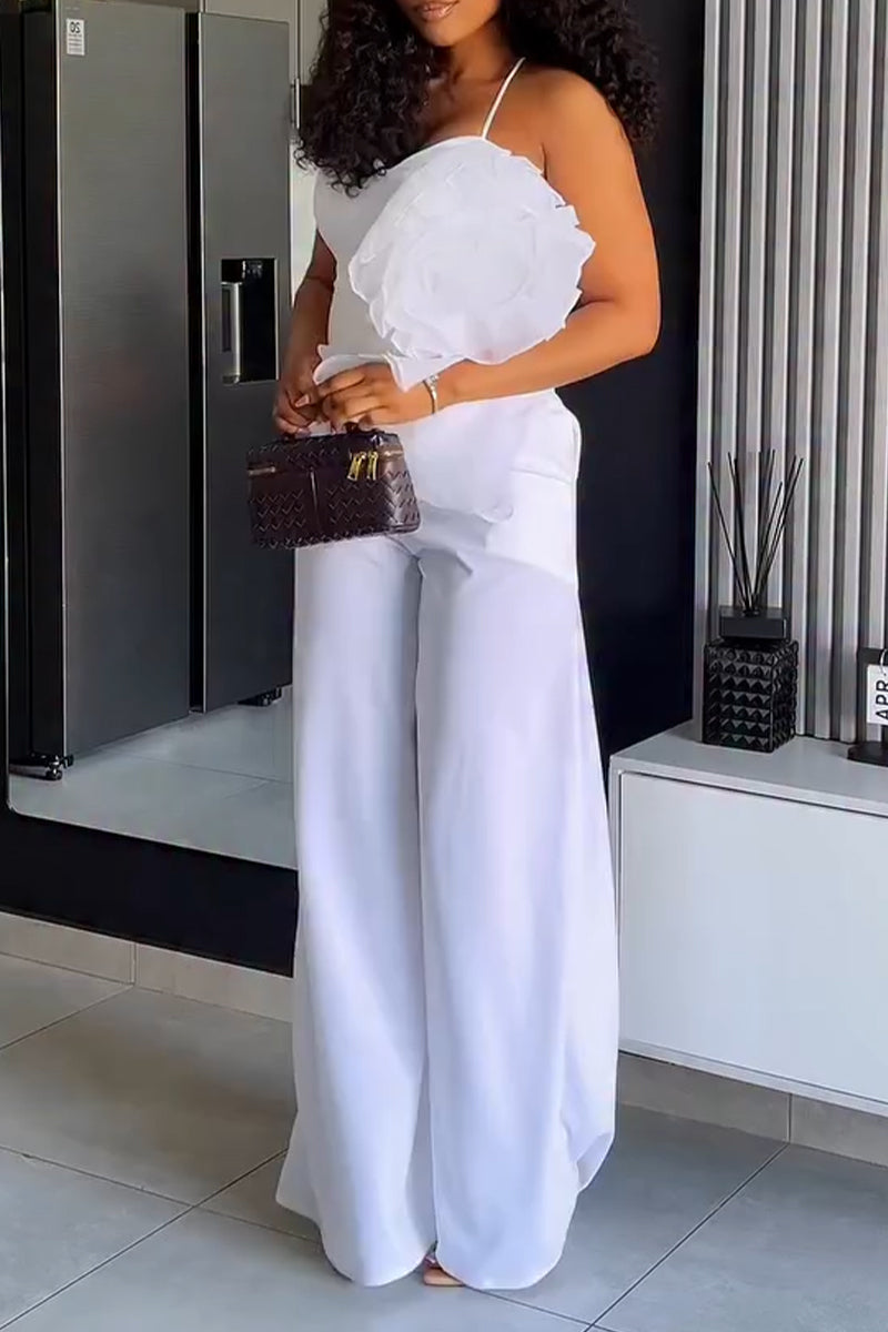 Women's Neck Hanging Patchwork Flower Irregular Top+ Wide Leg Pants Temperament Casual Suit