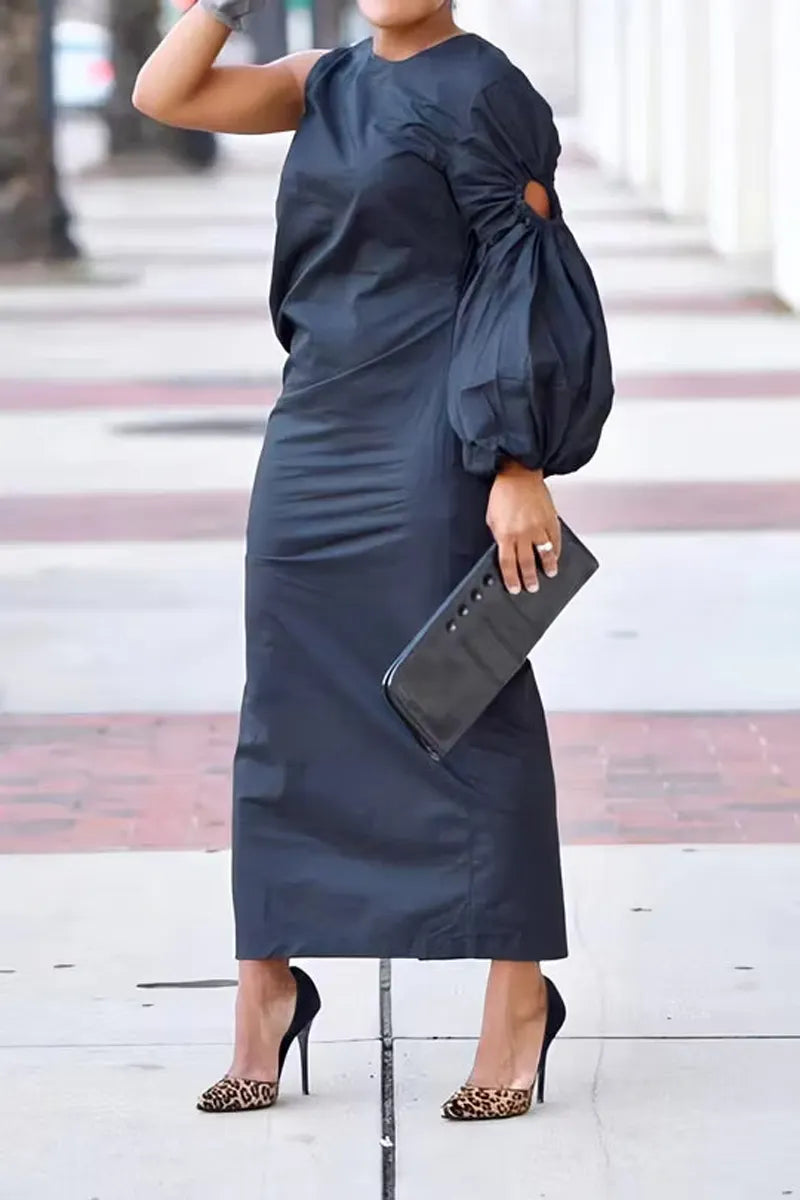 Women's Asymmetrical Black Maxi Dress with Single Statement Puff Sleeve