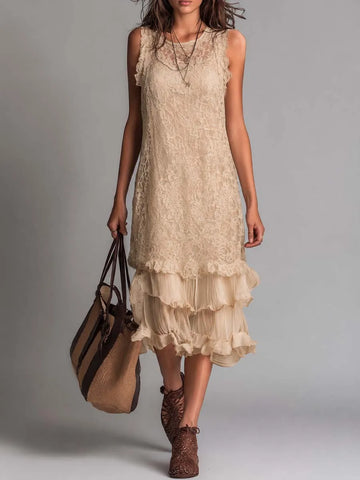 Boho Sleeveless Lace Layered Ruffle Midi Dress