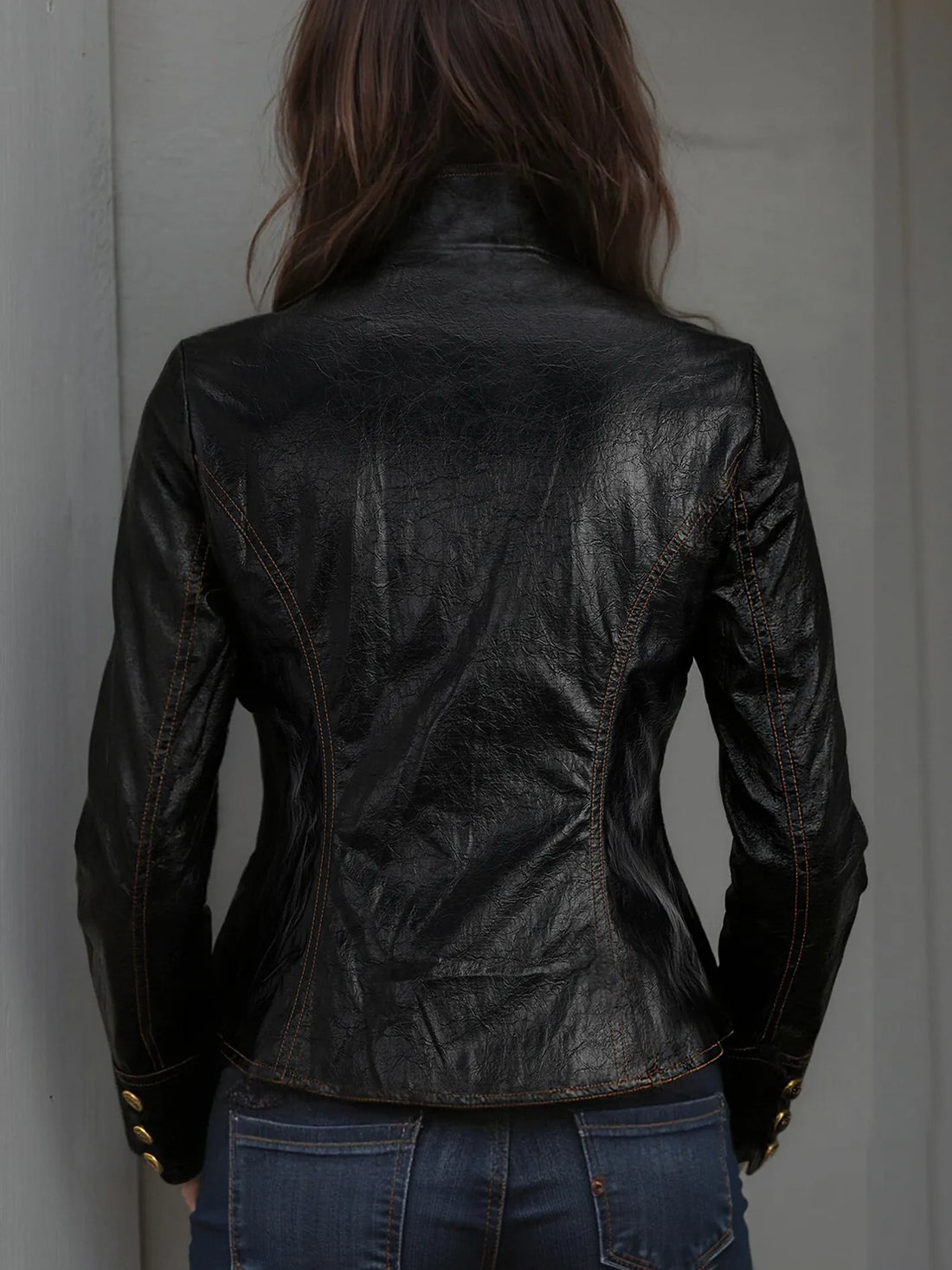 Retro Stand Collar Metal Button Pu Jacket