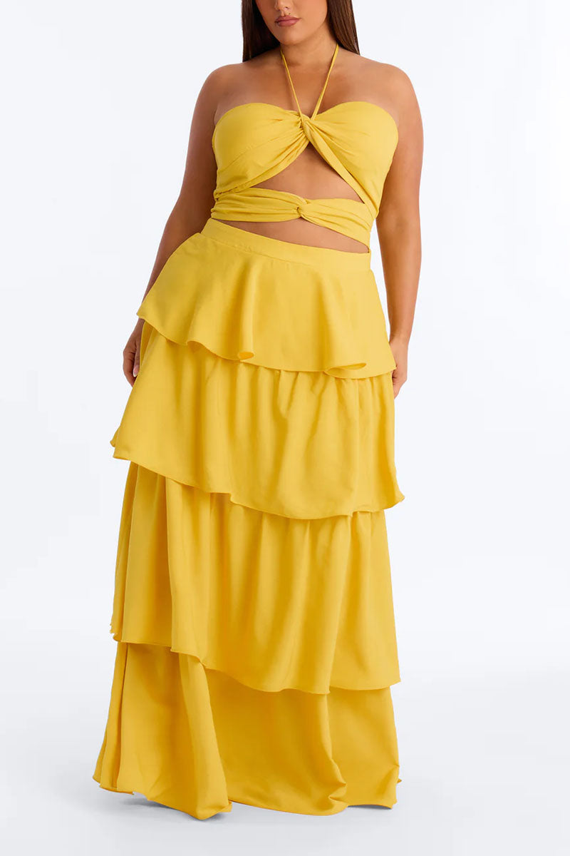 Women's Boho Halter Cutout Waist Layered Maxi Dress