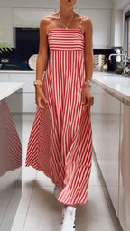 Womens Suspender Striped Loose Casual Dress