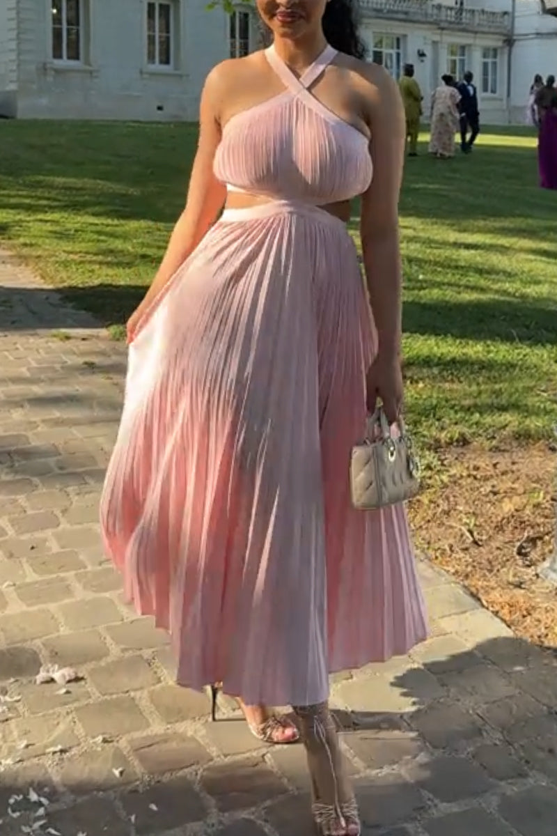 Women Neck Hanging Patchwork Elegant Temperament Solid Color Dress