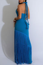 Women's Blue Halter Neck Cutout Bodycon Maxi Dress With Fringe