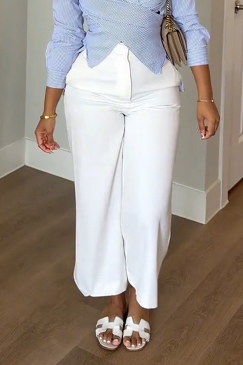 Women Collar Solid Color Shirt or Wide Leg Pants