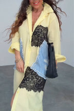Women Collar Patchwork Denim Lace Elegant Casual Maxi Dresses