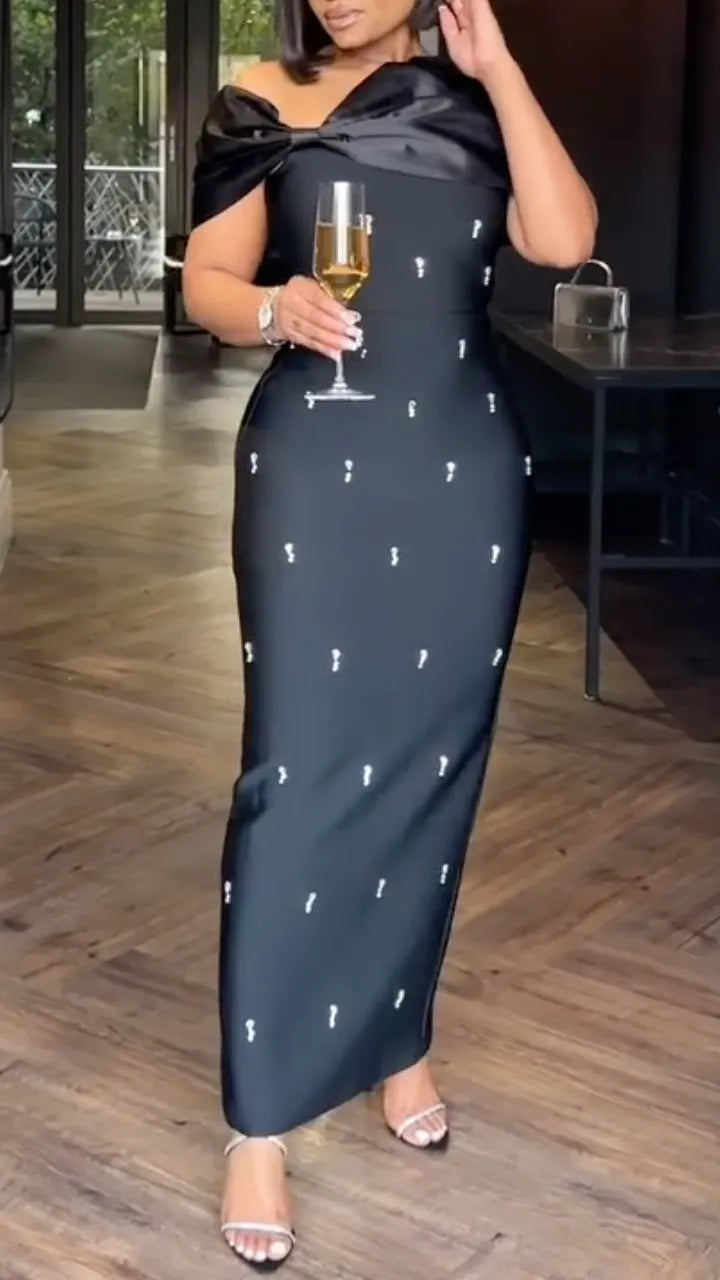 Women's Off-shoulder Beaded Dress with Bow