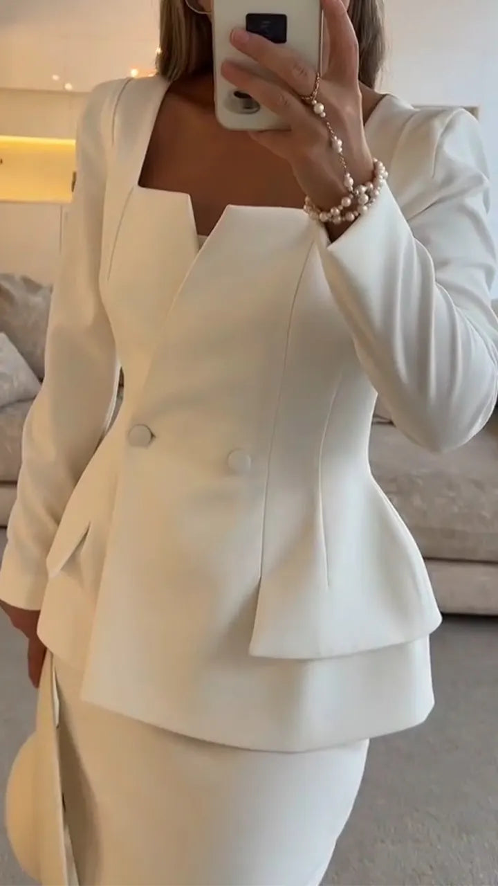 Womens Square Collar Top + Skirt Solid Color Temperament Casual Suit