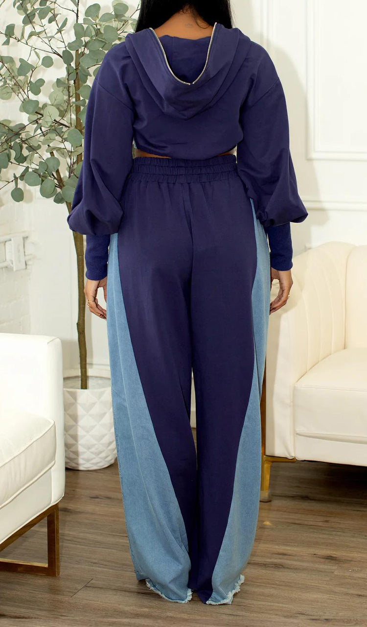 Women Collared Patchwork Denim Casual Suit