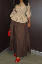 Women Round Neck Waist Cinched Top+ Half Skirt Elegant Casual Suit