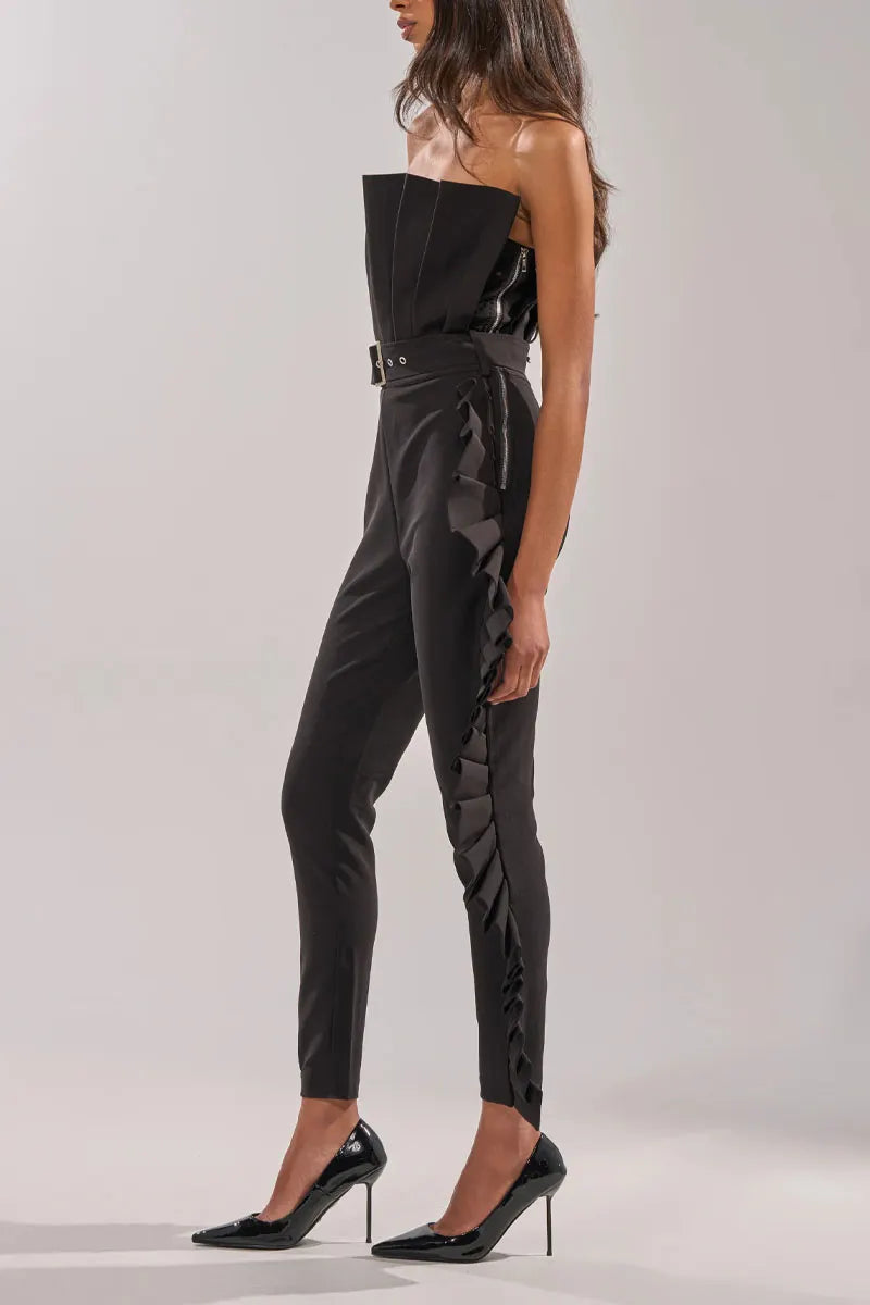 Women's Structured Pleated Trim Strapless Jumpsuit With Waist Belt