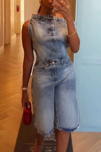 Women Patchwork Washed Denim Jumpsuit