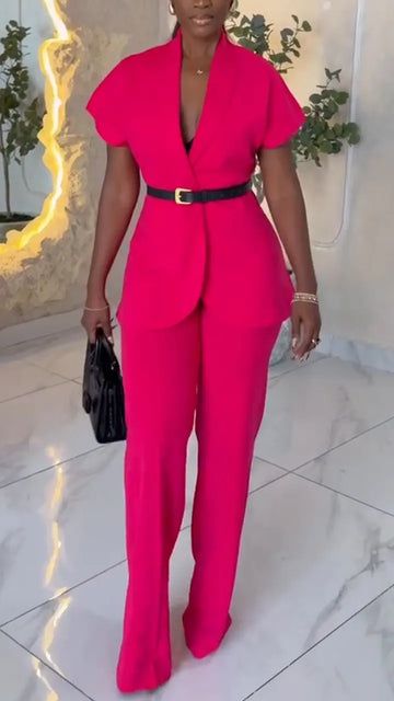 Women Collar Short Sleeved Blazer + Pants Solid Color Temperament Commuting Suit