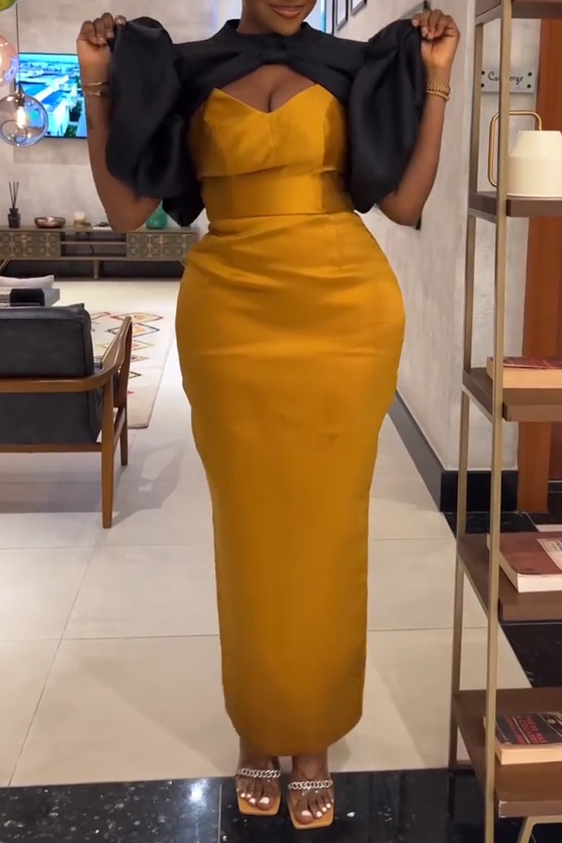 Women's Elegant Oversized Puff Sleeve Color-Block Dress 2 Piece Set