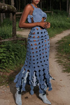 Women's Casual Sleeveless Cutout Patchwork Denim Maxi Dress with Petal Fringe Hem