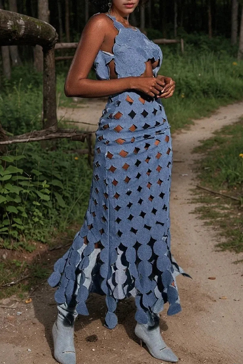 Women's Casual Sleeveless Cutout Patchwork Denim Maxi Dress with Petal Fringe Hem