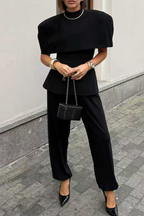 Womens Round Neck Splicing Top + Pants Solid Color Temperament Casual Suit
