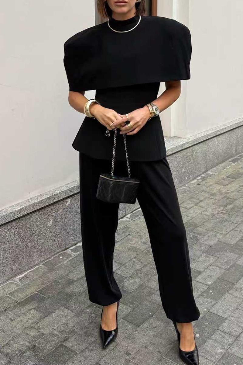 Womens Round Neck Splicing Top + Pants Solid Color Temperament Casual Suit