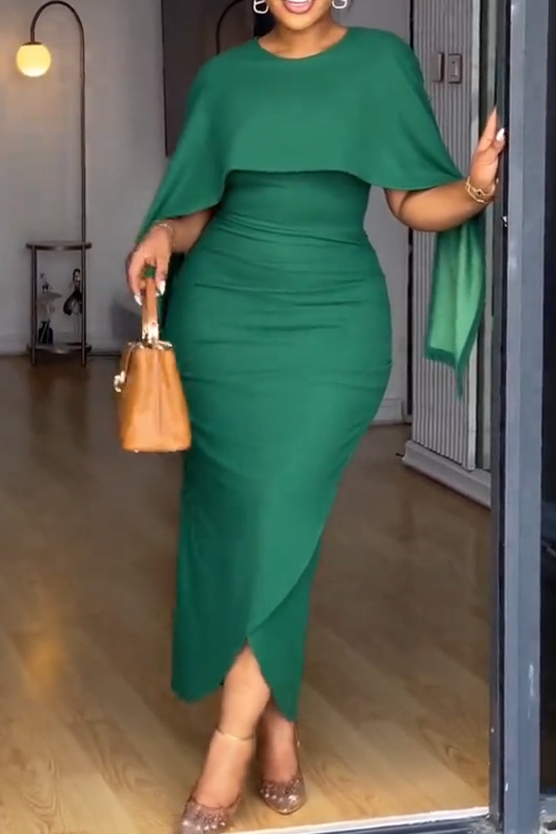 Women Round Neck Patchwork Waist Cinching Solid Color Elegant Temperament Dress