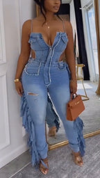 Womens Strappy Patchwork Sexy Casual Denim Jumpsuit