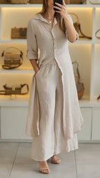 Women's Collar and Buckle Long Top+ Pants Loose Casual Suit