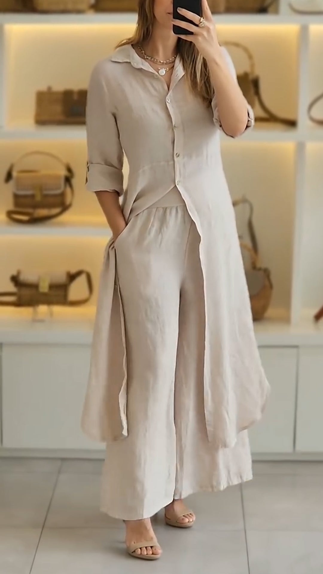 Women's Collar and Buckle Long Top+ Pants Loose Casual Suit